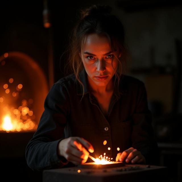 Portrett av en fokusert kvinnelig metallarbeider i et blussende smieverksted