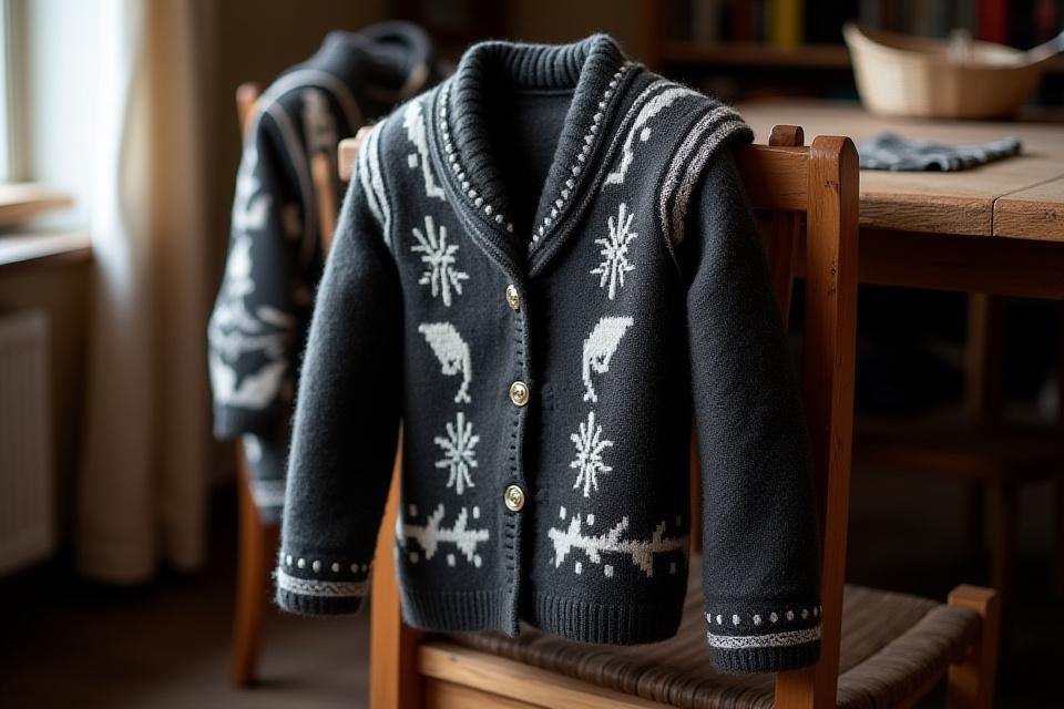 En tradisjonell Setesdalskofte med detaljerte broderier henger over en trestol.